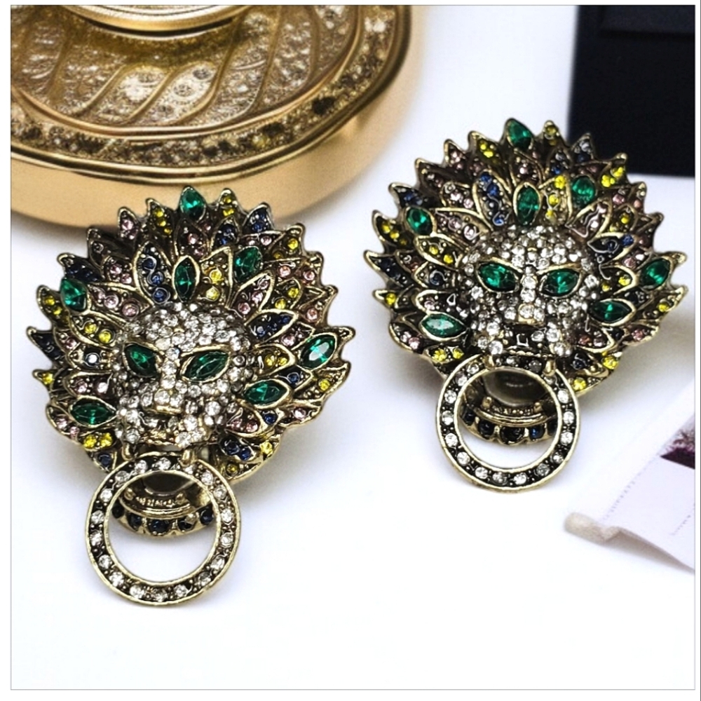 New Regal Lion Jeweled Crystal Doorknocker Earrings